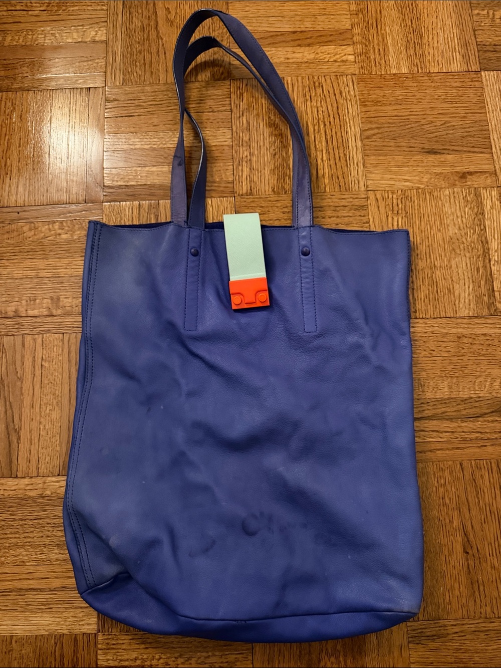 Loeffler Randal Blue Leather Tote Bag with Color-Block Strap Accent